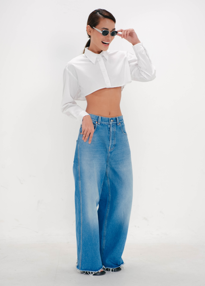 Daniel - Long Sleeve Poplin Crop Top | White
