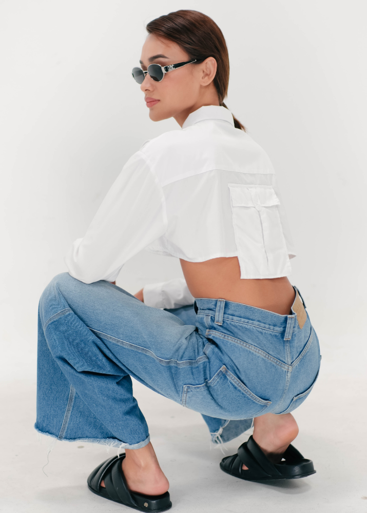 Daniel - Long Sleeve Poplin Crop Top | White