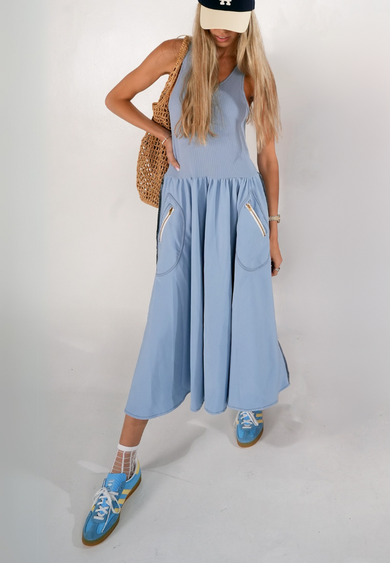 Inbar Rib knit, elegant twill Dress | Blue