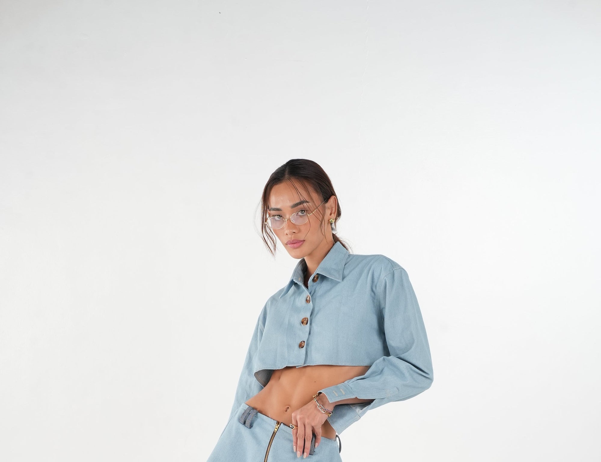 Eden Longsleeve Denim Cropped Top | Light Blue