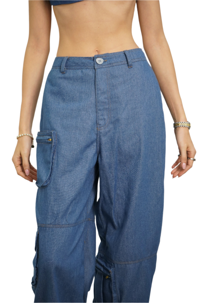 Naama Loose-Fit Denim Cargo Pants | Medium Blue
