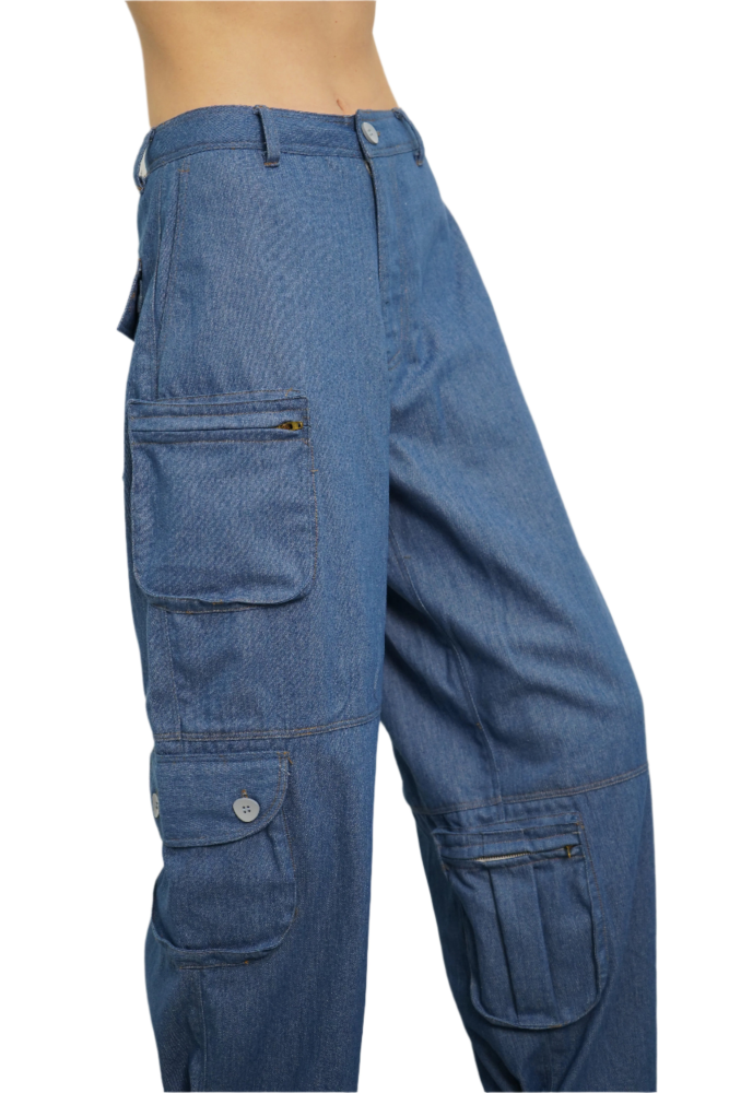 Naama Loose-Fit Denim Cargo Pants | Medium Blue