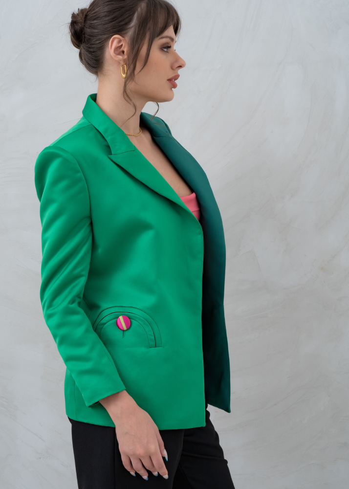 Two-Tone Semi-Circular Pocket Tailored Shoulder Blazer | Green