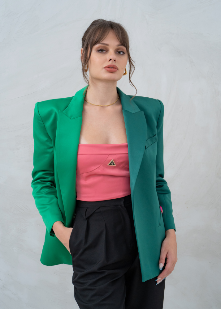 Two-Tone Semi-Circular Pocket Tailored Shoulder Blazer | Green