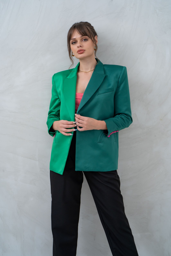 Two-Tone Semi-Circular Pocket Tailored Shoulder Blazer | Green