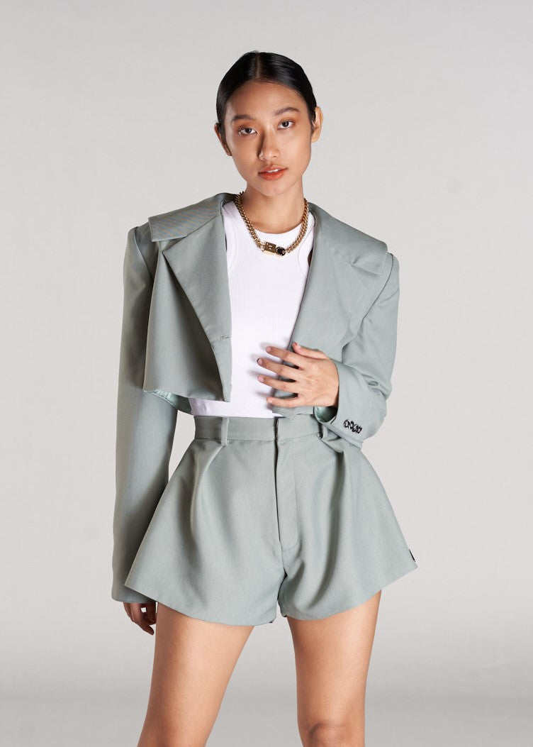 Stone Cropped Grey Blazer – Double Button Design D'I-Shee