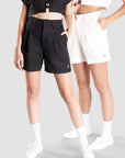 white and black shorts
