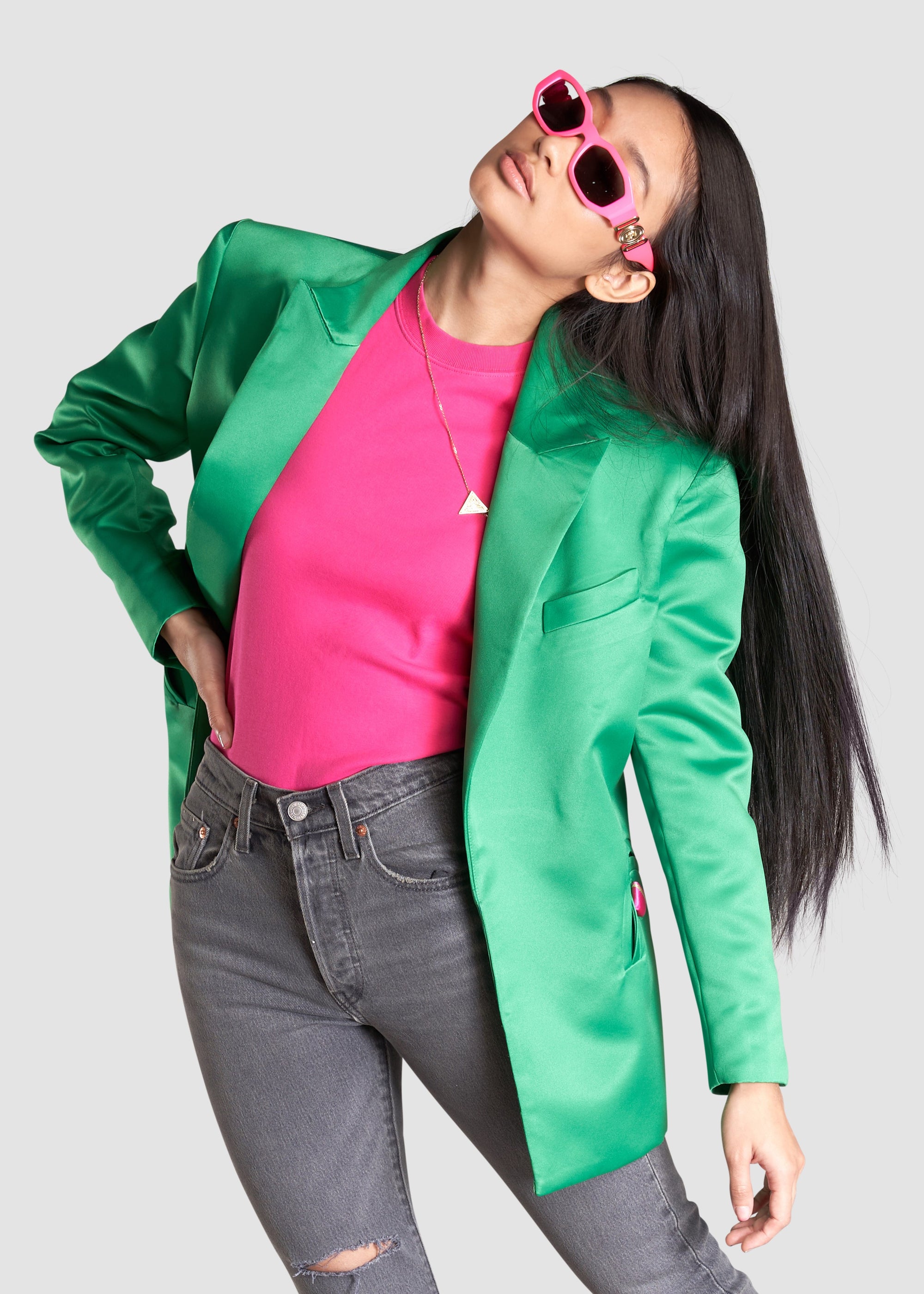 green satin blazer